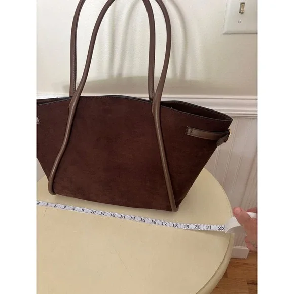 ASOS DESIGN Brown Faux Suede Tote Bag Tan Trim Gold Buckle Large Shoulder Bag - Picture 5 of 11